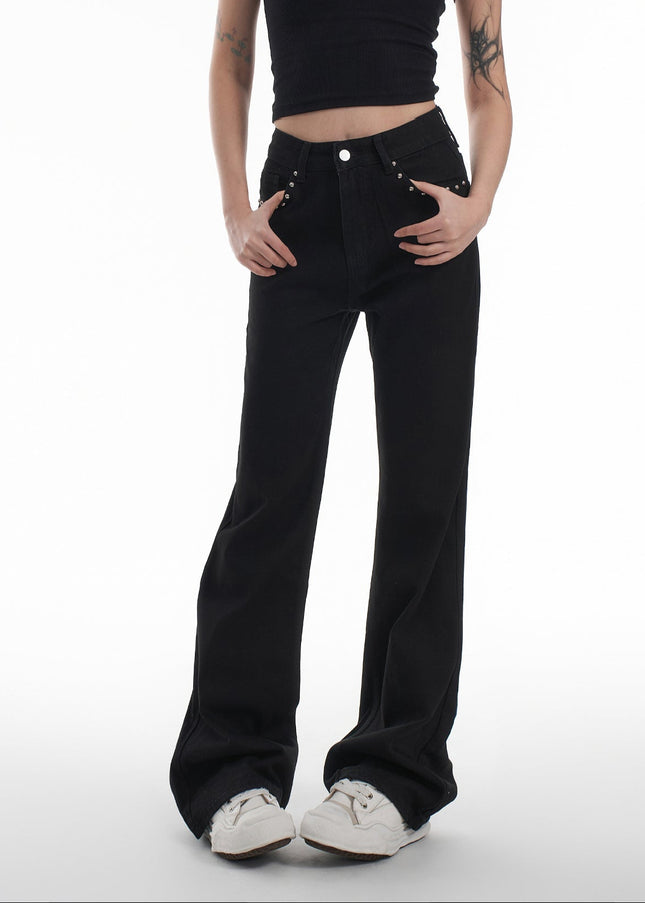 Black Studded Loose Flared Jeans - AGUA Women’s Retro Style - Women’s Jeans