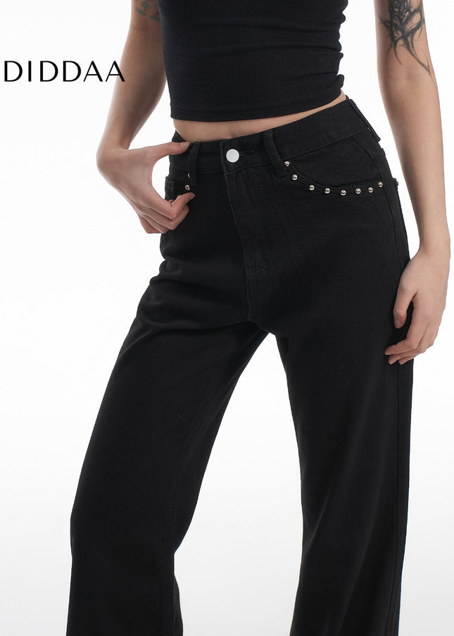 Black Studded Loose Flared Jeans - AGUA Women’s Retro Style - Women’s Jeans