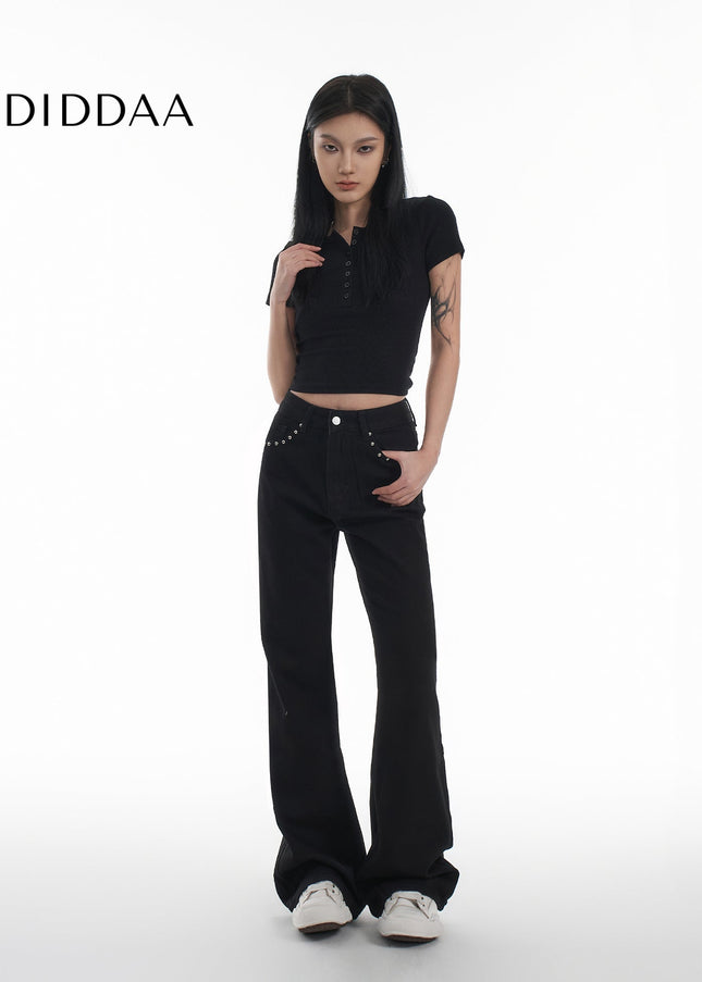 Black Studded Loose Flared Jeans - AGUA Women’s Retro Style - Women’s Jeans