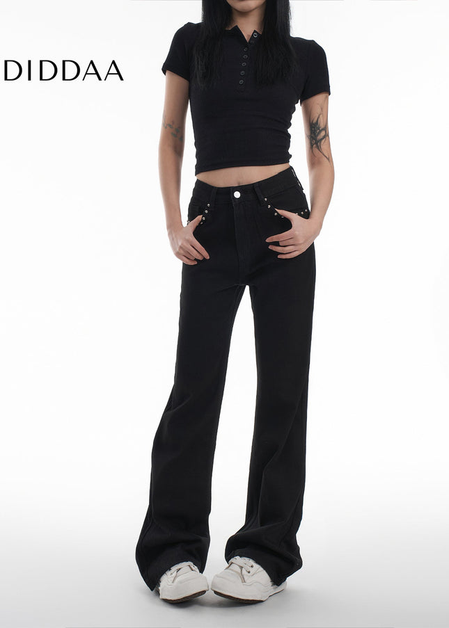 Black Studded Loose Flared Jeans - AGUA Women’s Retro Style - XS / Black - Women’s Jeans