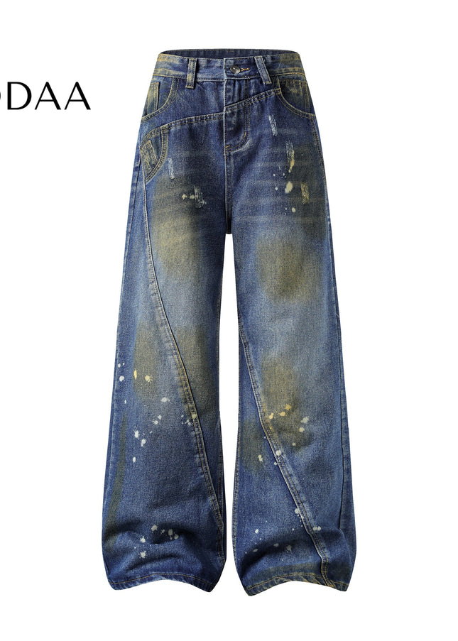Black Three-Dimensional Cutting Wide Leg Jeans - Dark Blue / M - Men’s Jeans