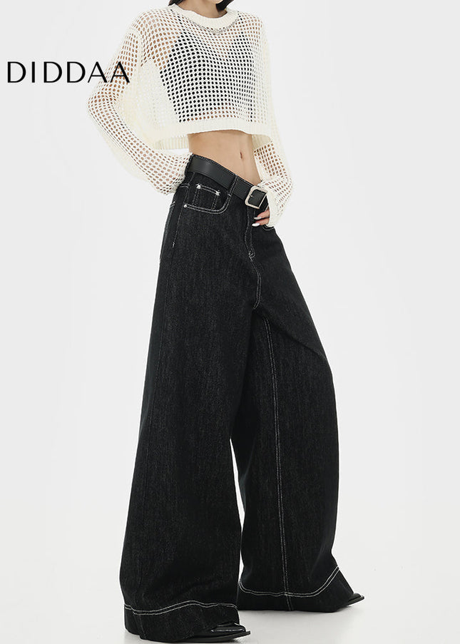 Black Topstitch Design Straight Leg Wide Leg Jeans Woman - Women’s Jeans