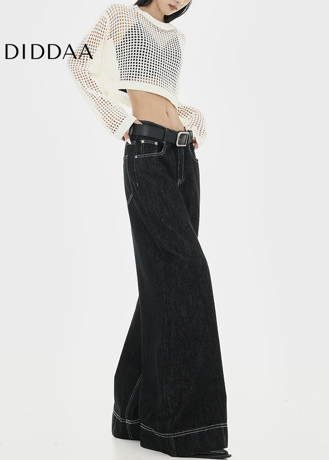 Black Topstitch Design Straight Leg Wide Leg Jeans Woman - Women’s Jeans