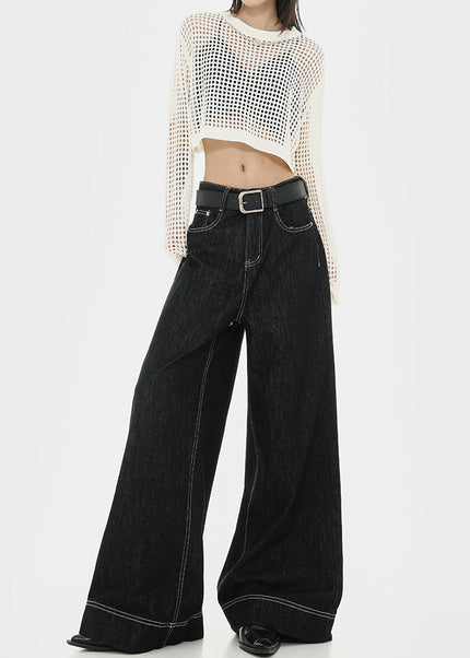 Black Topstitch Design Straight Leg Wide Leg Jeans Woman - Women’s Jeans