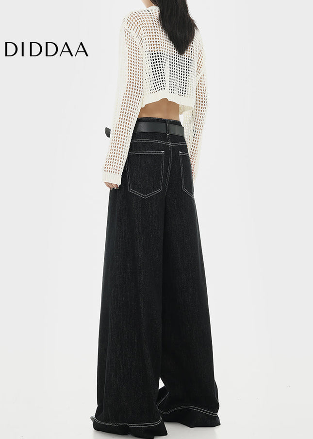 Black Topstitch Design Straight Leg Wide Leg Jeans Woman - Women’s Jeans