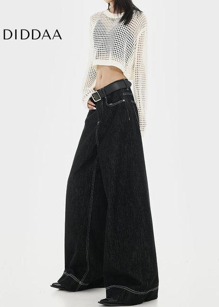 Black Topstitch Design Straight Leg Wide Leg Jeans Woman - Women’s Jeans