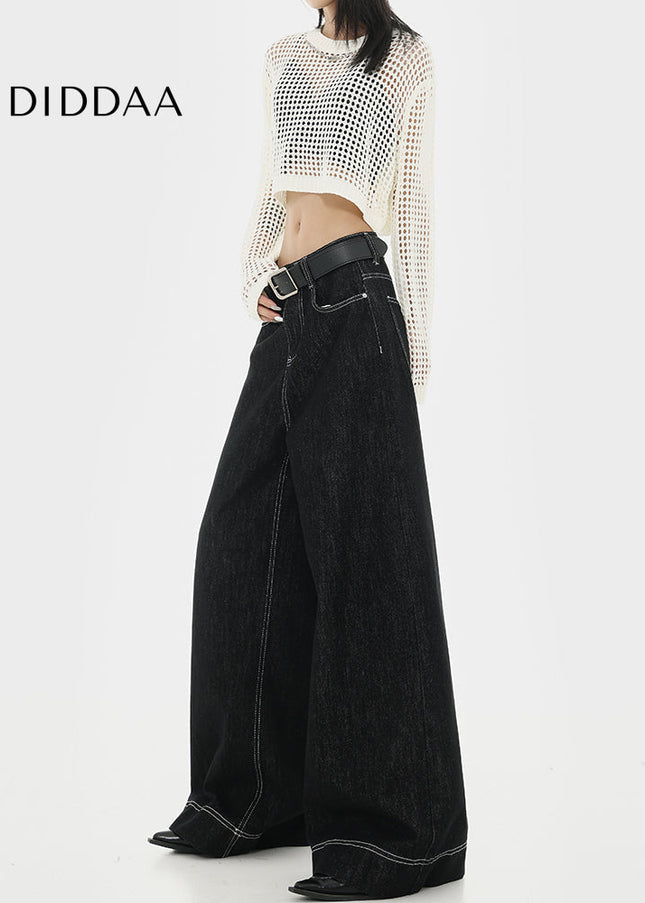 Black Topstitch Design Straight Leg Wide Leg Jeans Woman - Women’s Jeans