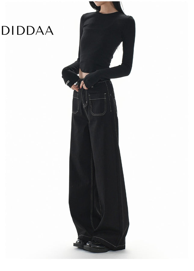 Black Topstitch Women’s Wide Leg Loose Slim Jeans - Women’s Jeans