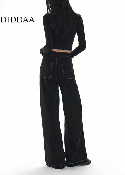 Black Topstitch Women’s Wide Leg Loose Slim Jeans - Women’s Jeans
