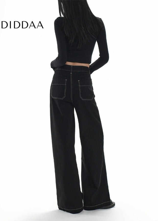 Black Topstitch Women’s Wide Leg Loose Slim Jeans - Women’s Jeans