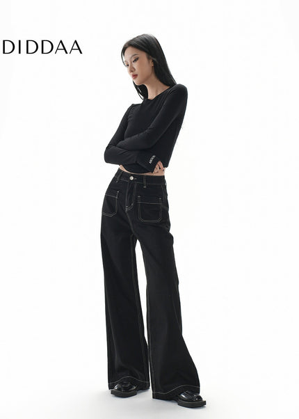 Black Topstitch Women’s Wide Leg Loose Slim Jeans - Women’s Jeans