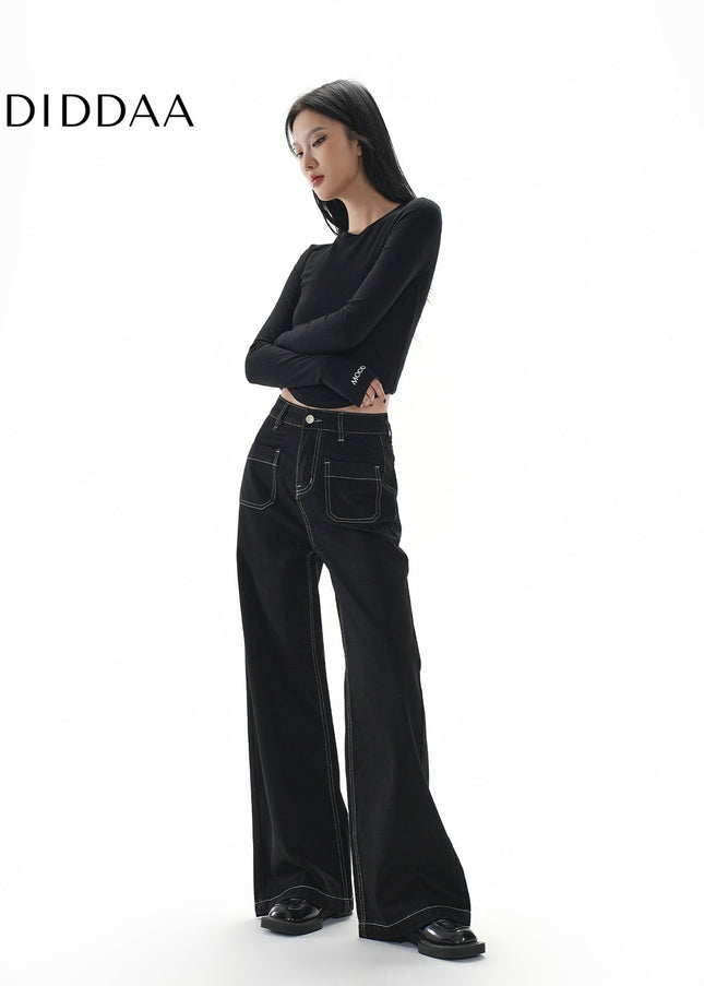 Black Topstitch Women’s Wide Leg Loose Slim Jeans - Women’s Jeans