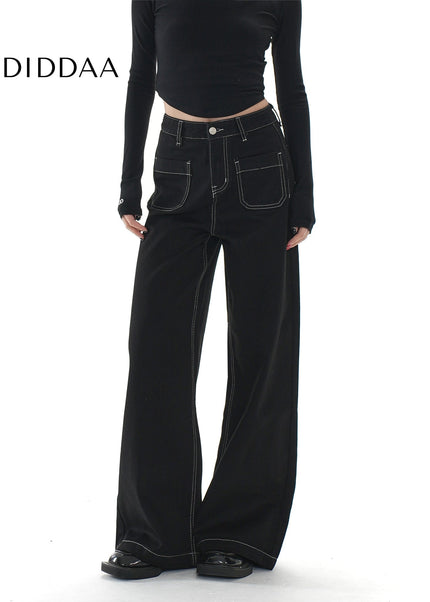 Black Topstitch Women’s Wide Leg Loose Slim Jeans - Women’s Jeans