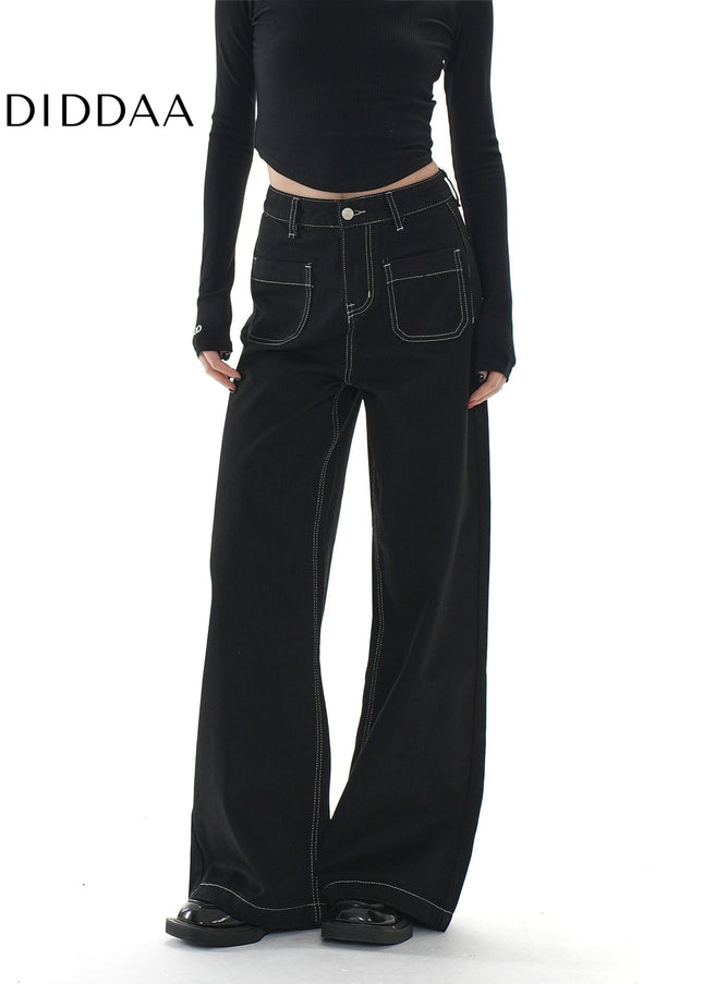 Black Topstitch Women’s Wide Leg Loose Slim Jeans - Women’s Jeans