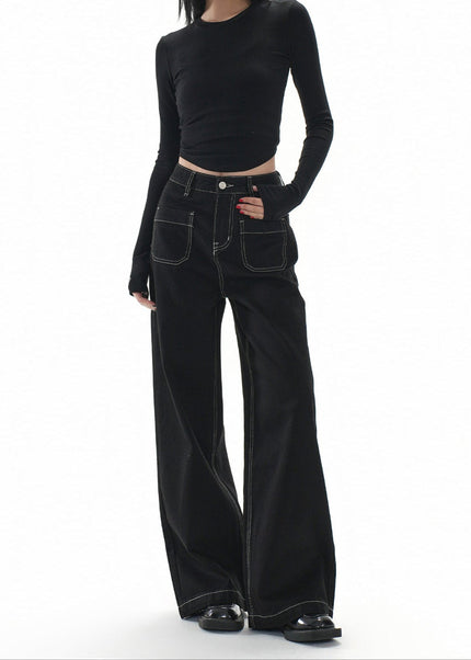 Black Topstitch Women’s Wide Leg Loose Slim Jeans - Women’s Jeans