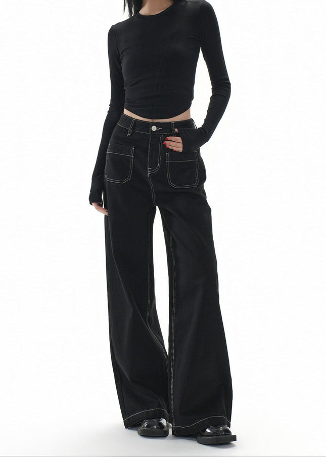 Black Topstitch Women’s Wide Leg Loose Slim Jeans - Women’s Jeans