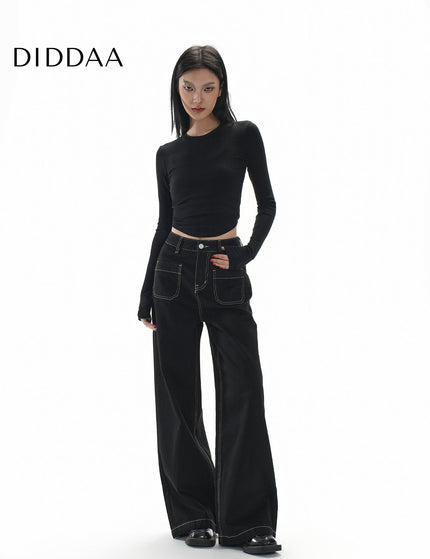 Black Topstitch Women’s Wide Leg Loose Slim Jeans - XS / Black - Women’s Jeans