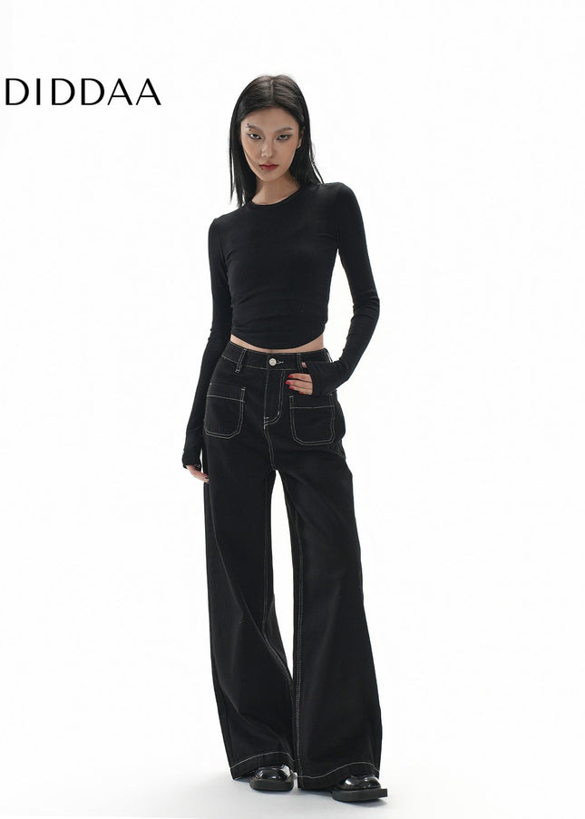 Black Topstitch Women’s Wide Leg Loose Slim Jeans - XS / Black - Women’s Jeans