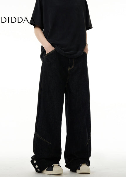 Black Turned-Up Buttoned Straight-Leg Jeans - Men’s Jeans
