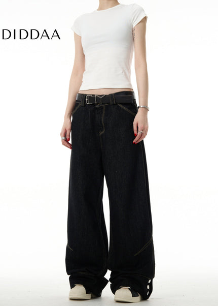 Black Turned-Up Buttoned Straight-Leg Jeans - Men’s Jeans