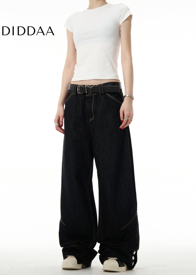 Black Turned-Up Buttoned Straight-Leg Jeans - Men’s Jeans