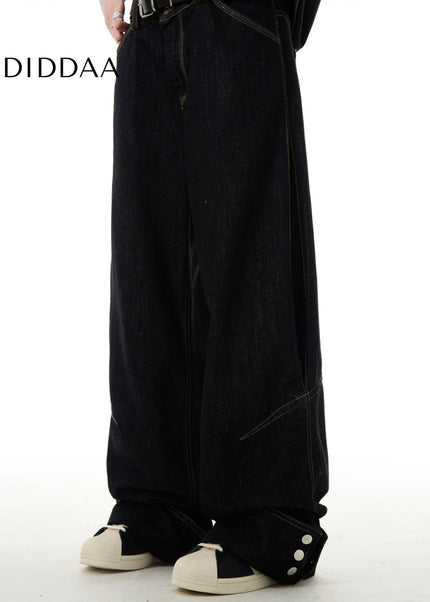 Black Turned-Up Buttoned Straight-Leg Jeans - Men’s Jeans