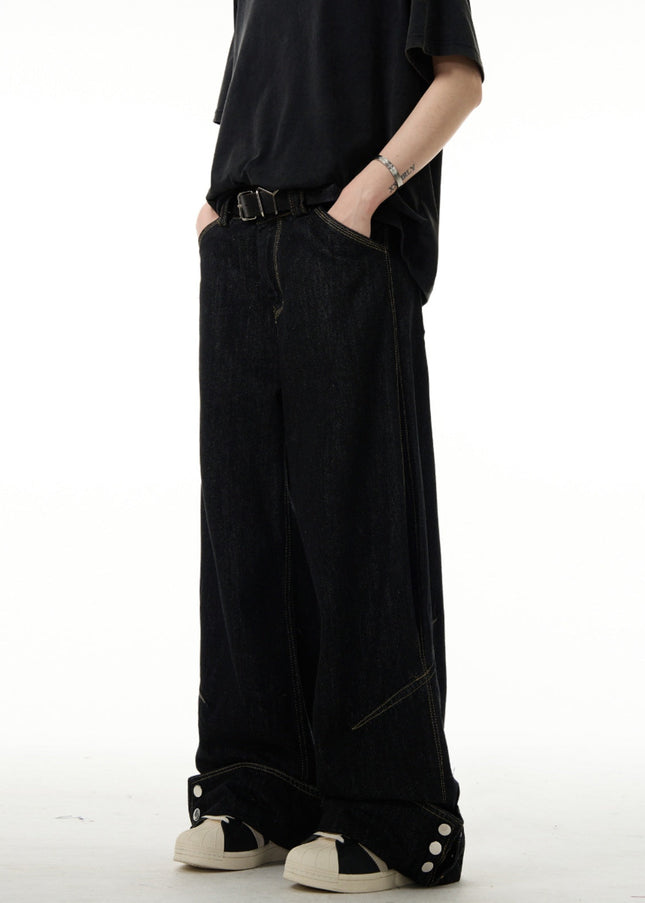 Black Turned-Up Buttoned Straight-Leg Jeans - Men’s Jeans