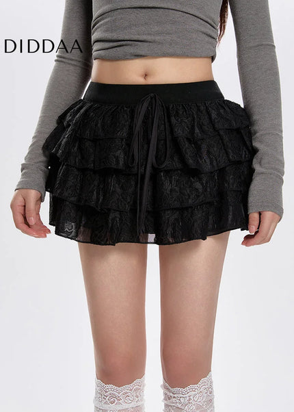 Black Ultra-Low-Waisted A-Line Puffy Cake Skirt - Skirts