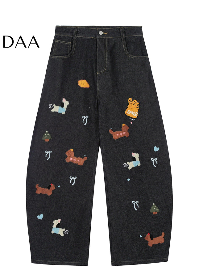 Black Vintage Embroidered Dachshund Patch Wide-Leg Jeans - S / Black - Women’s Jeans