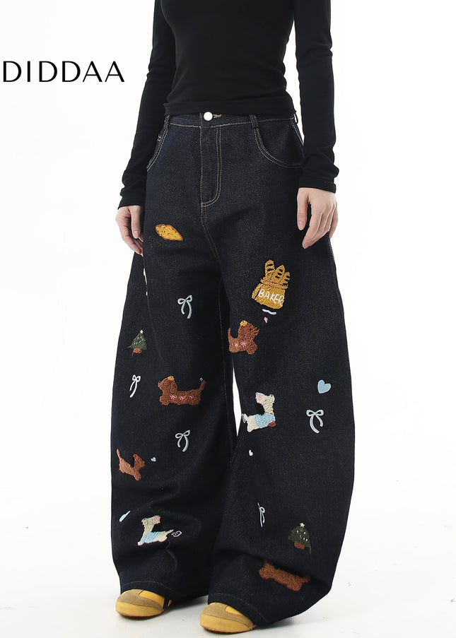 Black Vintage Embroidered Dachshund Patch Wide-Leg Jeans - Women’s Jeans