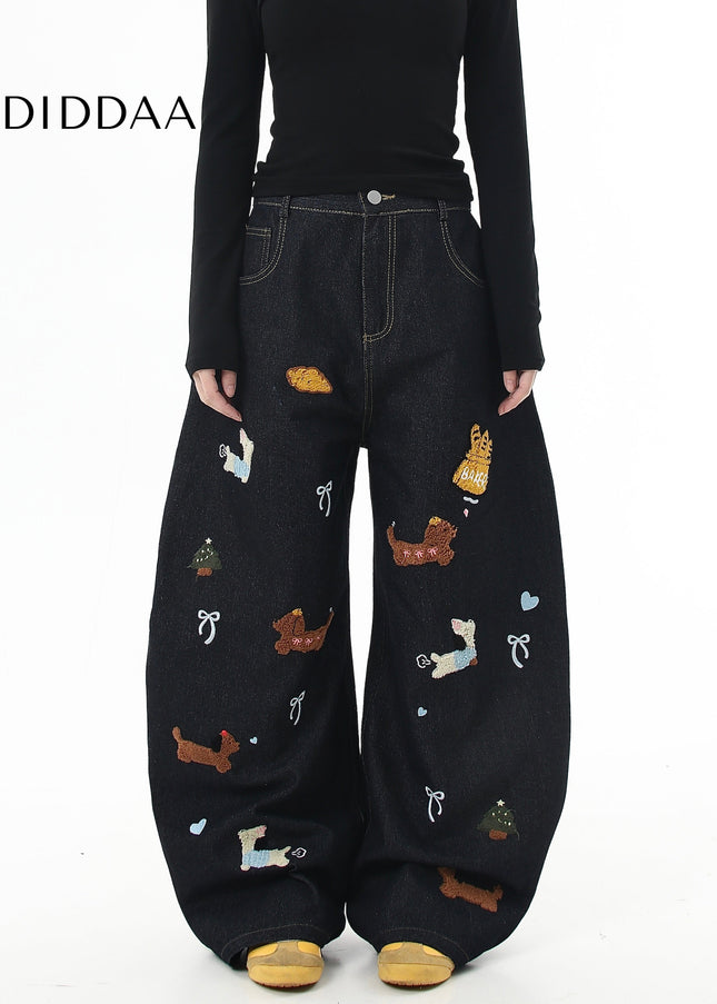 Black Vintage Embroidered Dachshund Patch Wide-Leg Jeans - Women’s Jeans