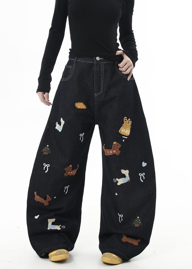 Black Vintage Embroidered Dachshund Patch Wide-Leg Jeans - Women’s Jeans