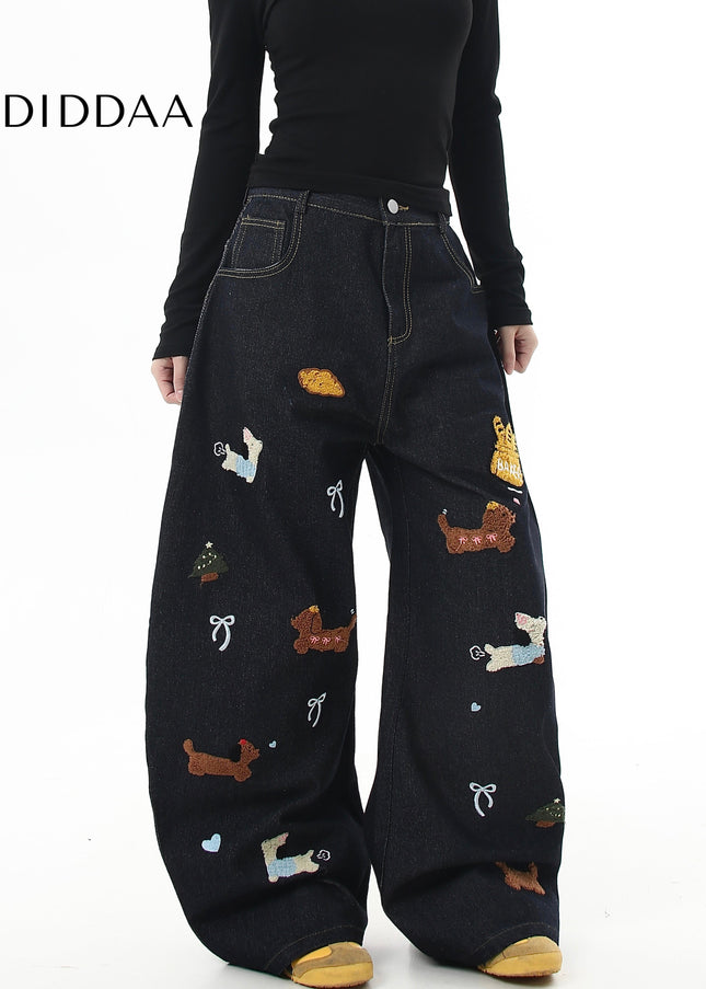 Black Vintage Embroidered Dachshund Patch Wide-Leg Jeans - Women’s Jeans