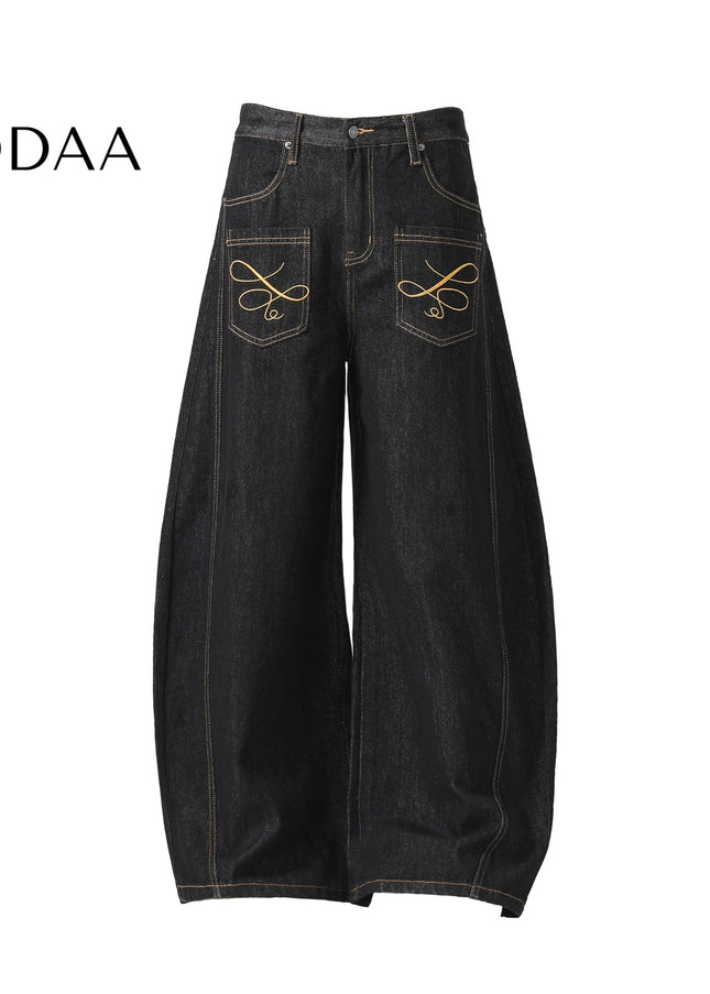 Black Vintage Embroidery Multi-Pocket Wide-Leg Cargo Pants - S / Black - Women’s Jeans