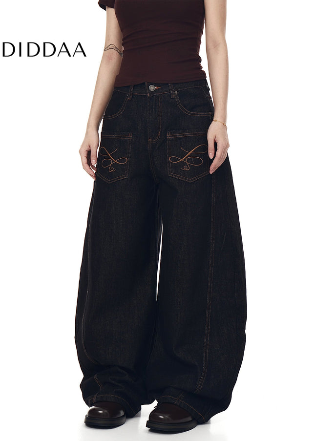 Black Vintage Embroidery Multi-Pocket Wide-Leg Cargo Pants - Women’s Jeans