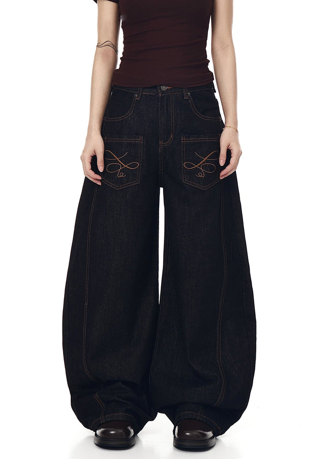 Black Vintage Embroidery Multi-Pocket Wide-Leg Cargo Pants - Women’s Jeans