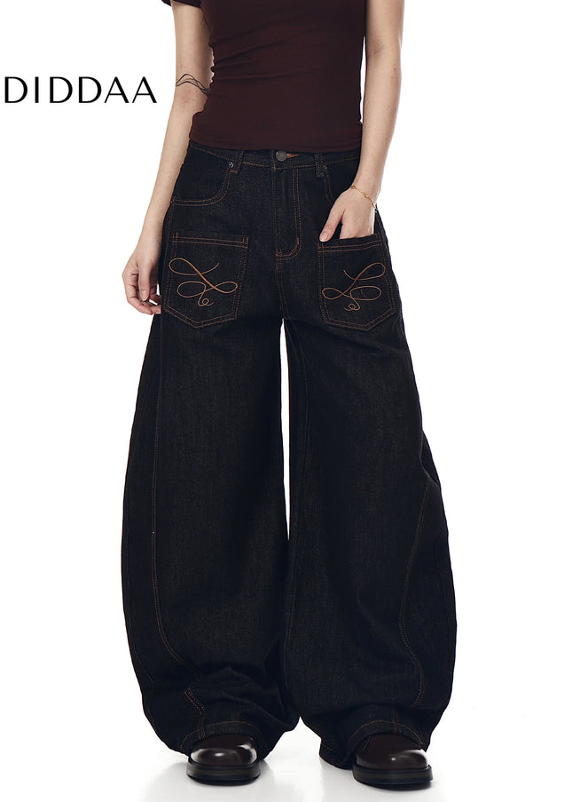 Black Vintage Embroidery Multi-Pocket Wide-Leg Cargo Pants - Women’s Jeans