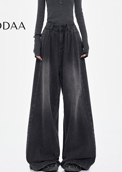 Black Vintage Pleated Wide-Leg Jeans for Women - S / Black - Women’s Jeans