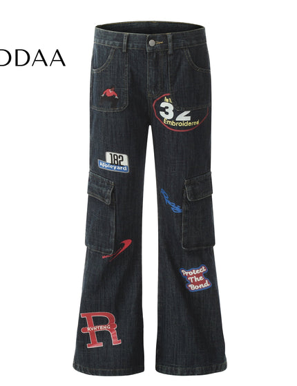 Black Vintage Stamp Print Bootcut Cargo Jeans - S / Black - Women’s Jeans