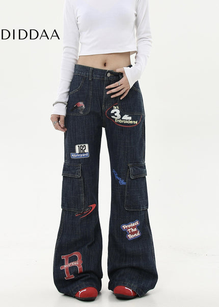 Black Vintage Stamp Print Bootcut Cargo Jeans - Women’s Jeans