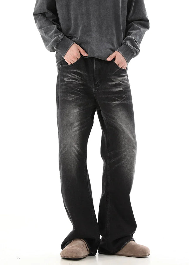 Black Vintage Wash Slightly Flared Jeans for Men - Men’s Jeans