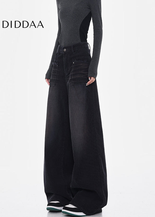 Black Vintage Wash Wide-Leg Corduroy Jeans Women’s High Rise - Women’s Jeans