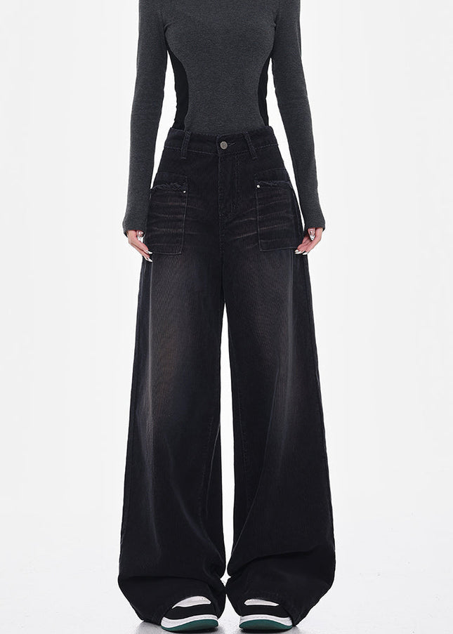 Black Vintage Wash Wide-Leg Corduroy Jeans Women’s High Rise - Women’s Jeans