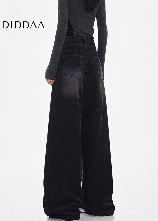 Black Vintage Wash Wide-Leg Corduroy Jeans Women’s High Rise - Women’s Jeans