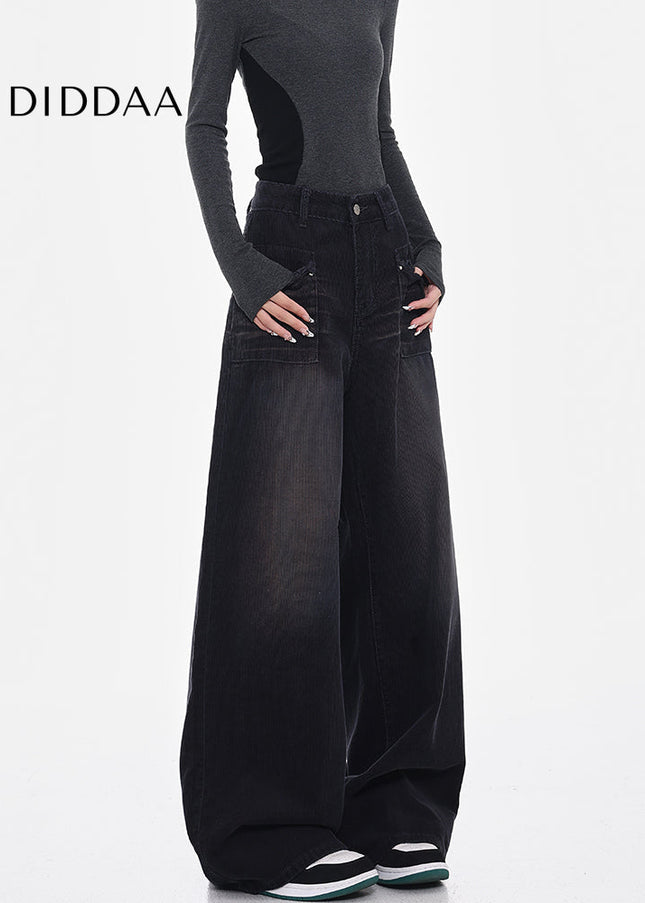 Black Vintage Wash Wide-Leg Corduroy Jeans Women’s High Rise - Women’s Jeans