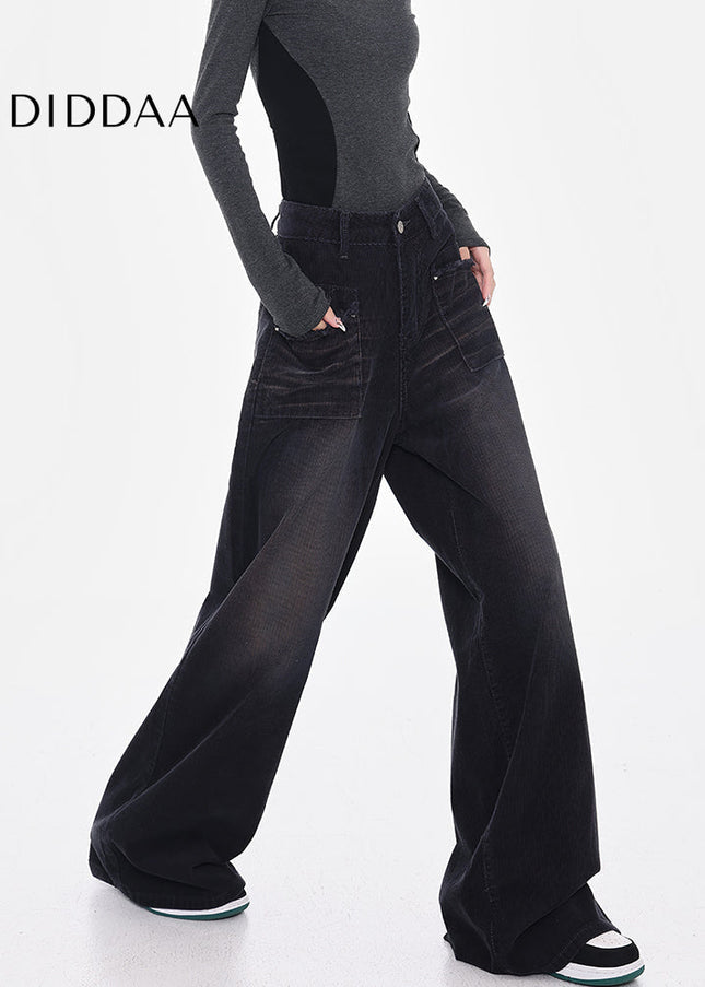 Black Vintage Wash Wide-Leg Corduroy Jeans Women’s High Rise - Women’s Jeans