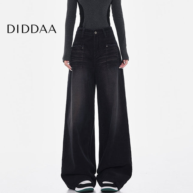 Black Vintage Wash Wide-Leg Corduroy Jeans Women’s High Rise - S / Black - Women’s Jeans