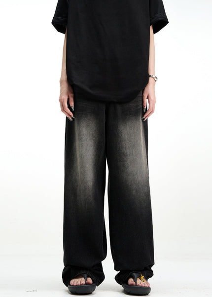 Black Vintage Washed Loose Fit Wide Leg Jeans - Men’s Jeans