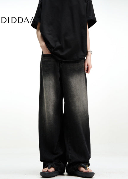 Black Vintage Washed Loose Fit Wide Leg Jeans - Men’s Jeans