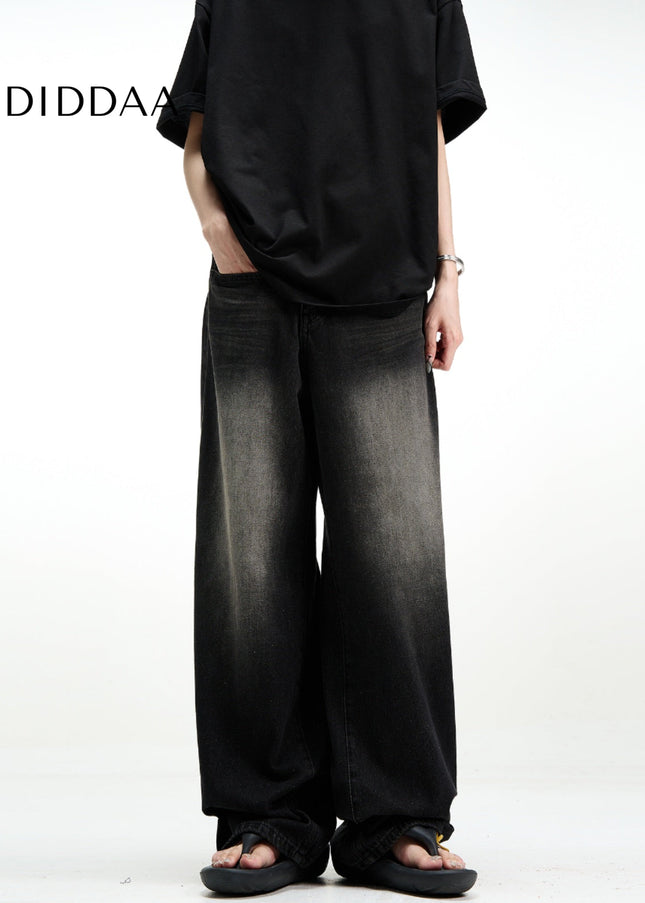 Black Vintage Washed Loose Fit Wide Leg Jeans - Men’s Jeans